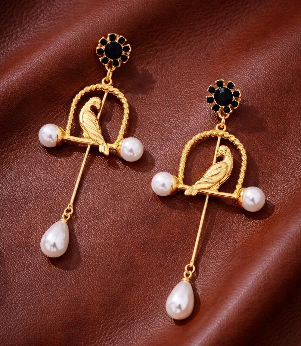 Museum Bird Earrings Antique Pearl Crystal Flower CZ VTG Palace Gold Stud Art